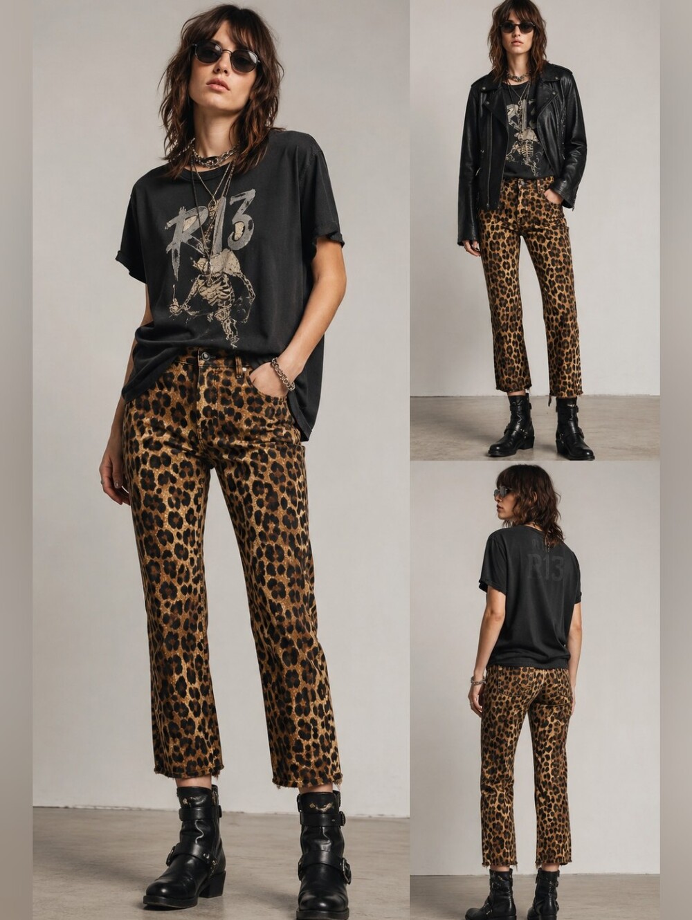R13 Tailored Drop Jeans-Stone Washed Leopard